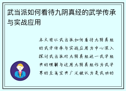 武当派如何看待九阴真经的武学传承与实战应用