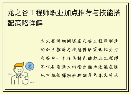 龙之谷工程师职业加点推荐与技能搭配策略详解